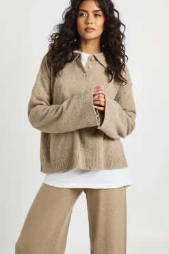 Ensemble Coordonné synthétiquell Surdimensionné en Maille Épaisse avec Détail Col et Pantalon Jambes Larges