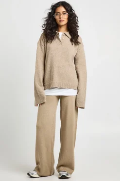Ensemble Coordonné synthétiquell Surdimensionné en Maille Épaisse avec Détail Col et Pantalon Jambes Larges
