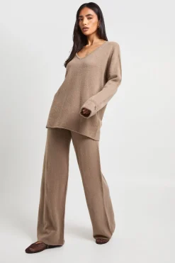 Ensemble Coordonné Synthétiquell Col V À Poignets Boutonnés Et Pantalon Large