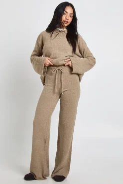 Ensemble Coordonné synthétiquell Tricoté Oversize à Col Boutonné et Pantalon Droit