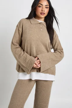 Ensemble Coordonné synthétiquell Tricoté Oversize à Col Boutonné et Pantalon Droit