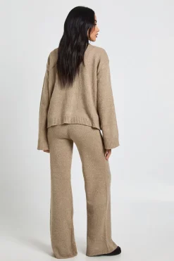 Ensemble Coordonné synthétiquell Tricoté Oversize à Col Boutonné et Pantalon Droit