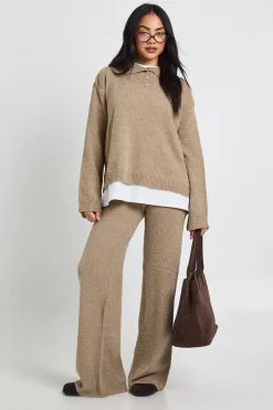 Ensemble Coordonné synthétiquell Tricoté Oversize à Col Boutonné et Pantalon Droit