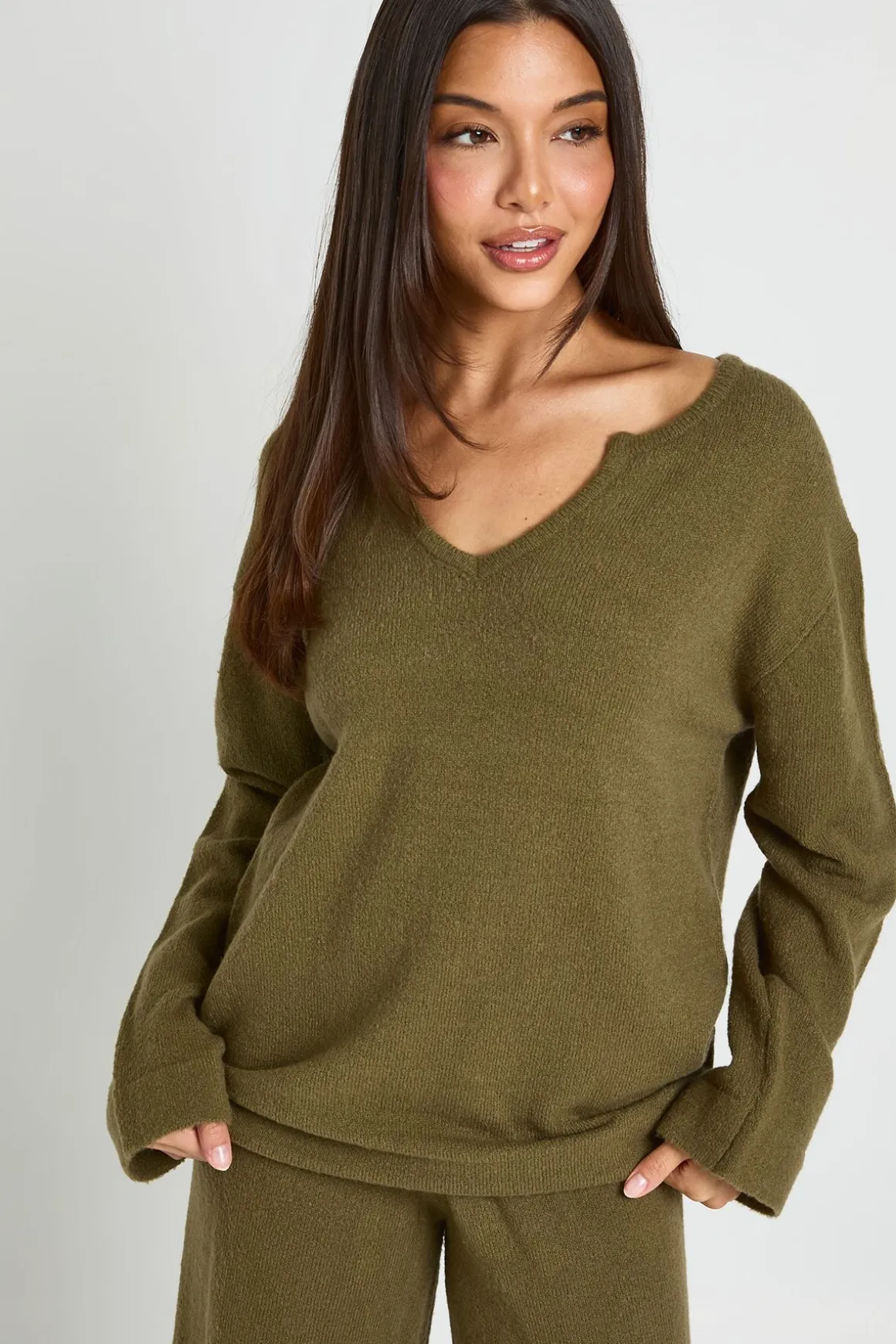Ensemble Coordonné Synthétiquell À Détail Encolure En V Et Pantalon Large
