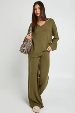 Ensemble Coordonné Synthétiquell À Détail Encolure En V Et Pantalon Large