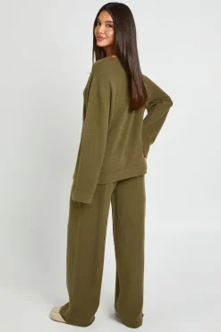 Ensemble Coordonné Synthétiquell À Détail Encolure En V Et Pantalon Large
