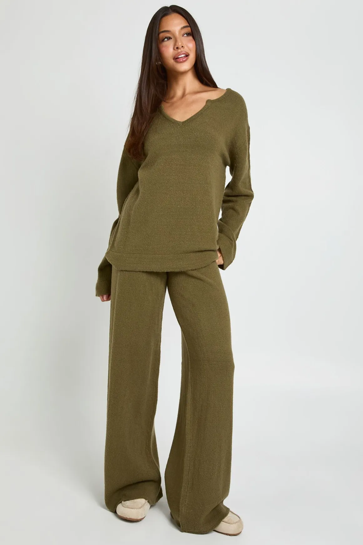 Ensemble Coordonné Synthétiquell À Détail Encolure En V Et Pantalon Large