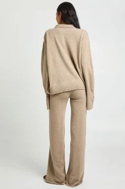 Ensemble Coordonné Synthétiquell Tricoté Oversize à Col Montant et Boutons avec Pantalon Droit Tall