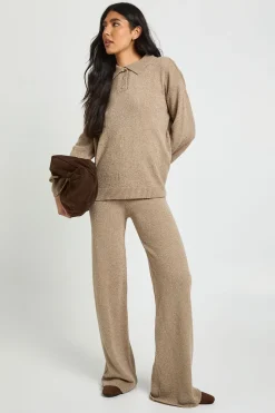 Ensemble Coordonné Synthétiquell Tricoté Oversize à Col Montant et Boutons avec Pantalon Droit Tall
