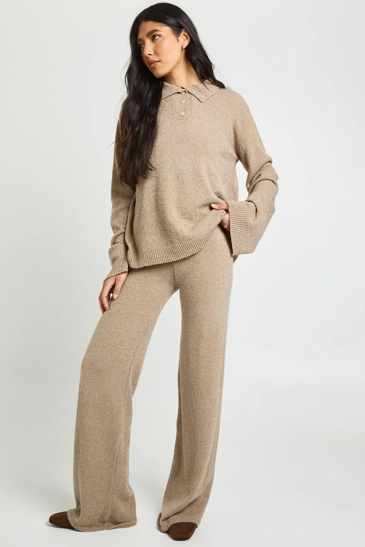 Ensemble Coordonné Synthétiquell Tricoté Oversize à Col Montant et Boutons avec Pantalon Droit Tall