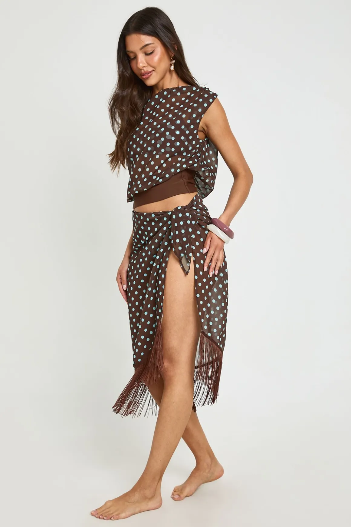 Ensemble Coordonné Top Asymétrique À Pois Et Paréo À Franges