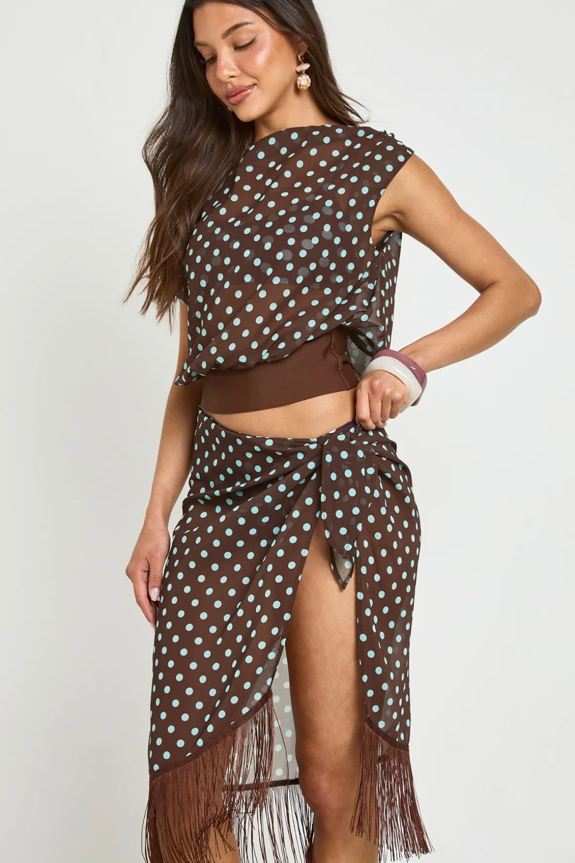 Ensemble Coordonné Top Asymétrique À Pois Et Paréo À Franges