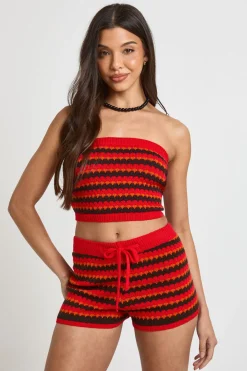 Ensemble Coordonné Top Bandeau Et Short Mini En Tricot À Rayures Vagues Au Crochet
