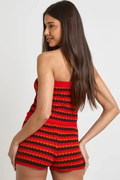 Ensemble Coordonné Top Bandeau Et Short Mini En Tricot À Rayures Vagues Au Crochet