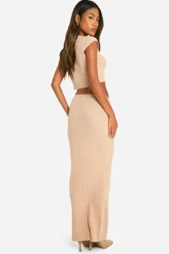 boohoo Ensemble coordonné top en maille côtelée & jupe maxi drapée<Femme Pulls Et Gilets|Toutes Les Mailles