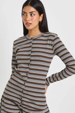 boohoo Ensemble Coordonné Top Manches Longues Côtelé Rayé Boutonné et Pantalon<Femme Ensembles