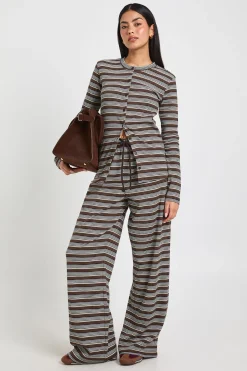 boohoo Ensemble Coordonné Top Manches Longues Côtelé Rayé Boutonné et Pantalon<Femme Ensembles
