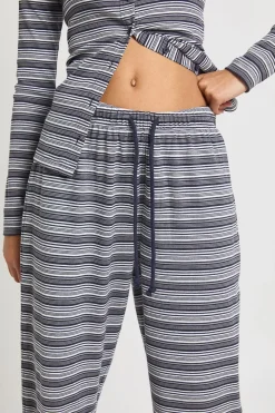 Ensemble Coordonné Top Rayé Côtelé à Manches Longues Boutonné et Pantalon