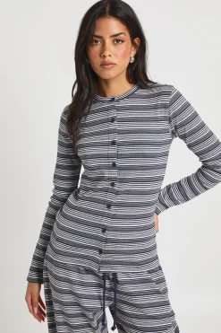 Ensemble Coordonné Top Rayé Côtelé à Manches Longues Boutonné et Pantalon