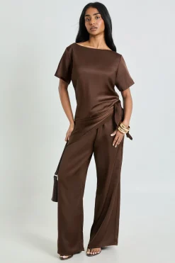 Ensemble Coordonné T-shirt Ample En Satin Avec Pantalon À Nœud