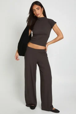 Ensemble Coordonné T-shirt Côtelé Ultra-doux Et Pantalon Large À Taille Repliée