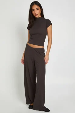 Ensemble Coordonné T-shirt Côtelé Ultra-doux Et Pantalon Large À Taille Repliée