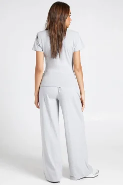 Ensemble Coordonné T-shirt Froncé À Épaulettes Et Pantalon Droit Jambe Large