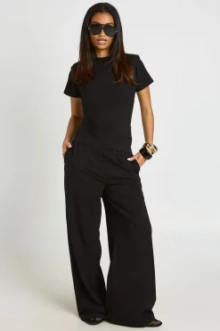 Ensemble Coordonné T-shirt Froncé À Épaulettes Et Pantalon Droit Jambe Droite
