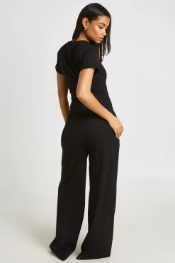 Ensemble Coordonné T-shirt Froncé À Épaulettes Et Pantalon Droit Jambe Droite