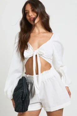 Ensemble Crop Noué Et Short Taille Paperbag Aspect Lin