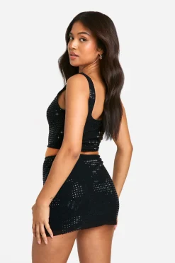 boohoo Ensemble Crop Top Et Mini-jupe À Strass Petite Taille<Femme Ensembles