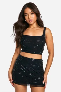 boohoo Ensemble Crop Top Et Mini-jupe À Strass Petite Taille<Femme Ensembles
