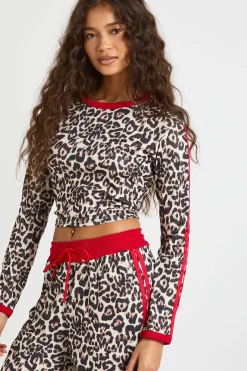 Ensemble Crop Top et Pantalon à Imprimé Léopard avec Détails de Passepoil