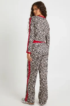 Ensemble Crop Top et Pantalon à Imprimé Léopard avec Détails de Passepoil