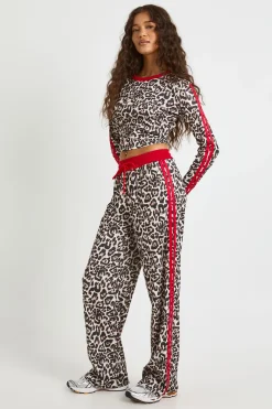 Ensemble Crop Top et Pantalon à Imprimé Léopard avec Détails de Passepoil