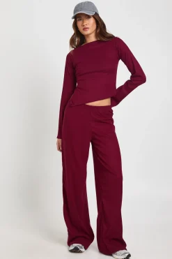 boohoo Ensemble Côtelé Taille Cintrée Manches Longues Jambes Larges<Femme Ensembles|Looks Bordeaux
