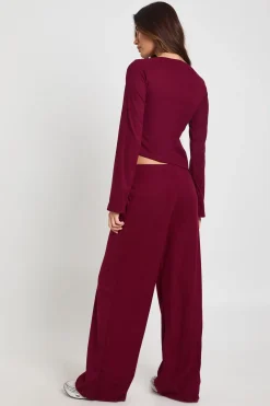 boohoo Ensemble Côtelé Taille Cintrée Manches Longues Jambes Larges<Femme Ensembles|Looks Bordeaux