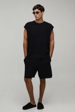 Ensemble Débardeur Et Short Oversize En Maille Ajourée Mélange Coton