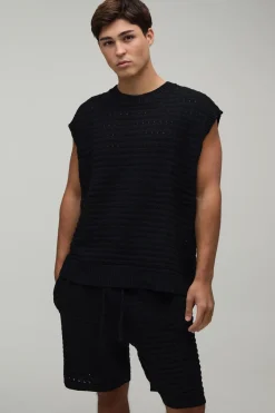 Ensemble Débardeur Et Short Oversize En Maille Ajourée Mélange Coton