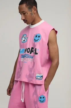 boohooMAN Ensemble Débardeur Graphique Moto Oversize Ample Et Short En Jean<Homme Survêtements