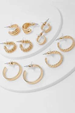 Ensemble de 5 boucles d'oreilles créoles en or à textures mixtes