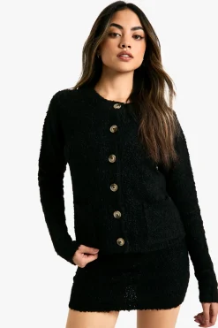 Ensemble de cardigan court tricoté Borg avec détail de poche et mini-jupe