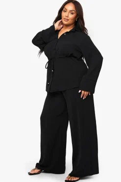 boohoo Ensemble de chemise tissée à nouer à la taille et pantalon grande taille<Femme Ensembles
