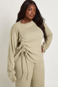 Ensemble De Détente Grande Taille Avec Haut À Manches Longues Froncé Devant Et Pantalon Large