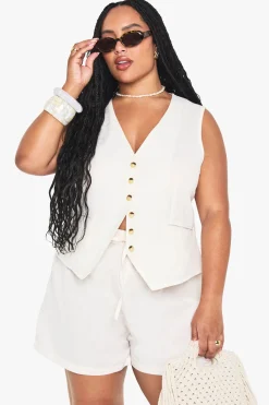 boohoo Ensemble de gilet et short effet lin en grande taille<Femme Ensembles