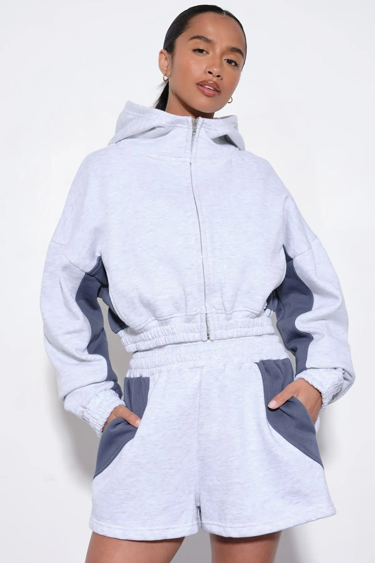 boohoo Ensemble De Jogging Court À Casynthétiqueche Zippé Avec Panneaux Contrastés<Femme Survêtements|Survêtements