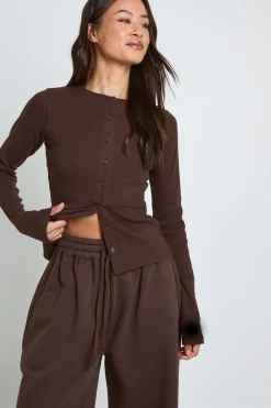 boohoo Ensemble De Jogging Haut Côtelé À Manches Longues Avec Boutonnage Tall<Femme Survêtements|Survêtements