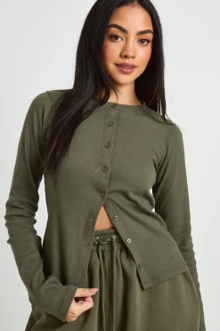 Ensemble de Jogging Haut à Manches Longues Côtelé Boutonné Taille Haute