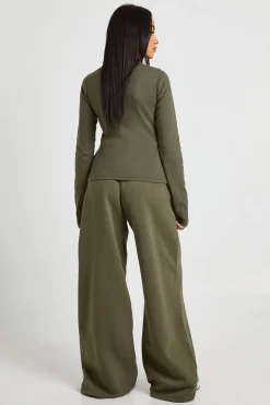 Ensemble de Jogging Haut à Manches Longues Côtelé Boutonné Taille Haute