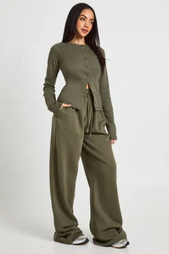 Ensemble de Jogging Haut à Manches Longues Côtelé Boutonné Taille Haute